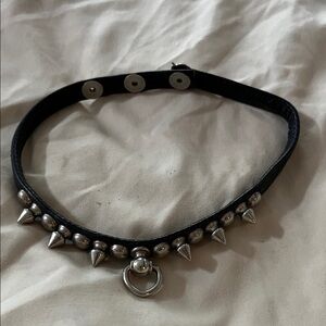 Black Leather Choker with Silver Spikes